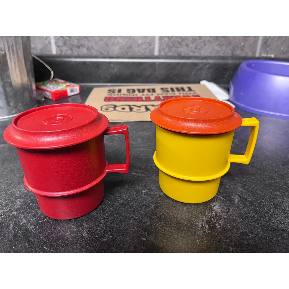 Tupperware Stackable Tumblers Cups Set of 2 Red Yellow with Lids Vintage Harvest